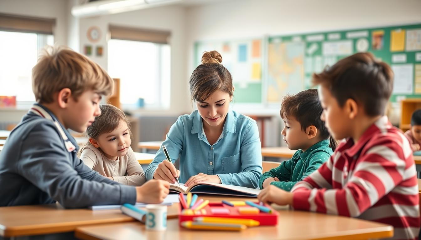 Students studying together in modern classroom